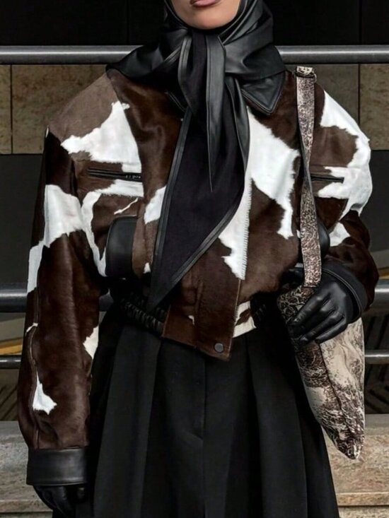 Jackets & Blazers - Brown Streetstyle Women's Loose Short Textured Cow-Print Leather Jacket